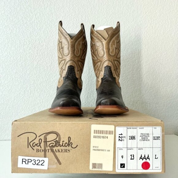Rod Patrick Mens Cowboy Boots 13AAA Antique Mocha Bison Brown Western Blunt Toe - Picture 12 of 13